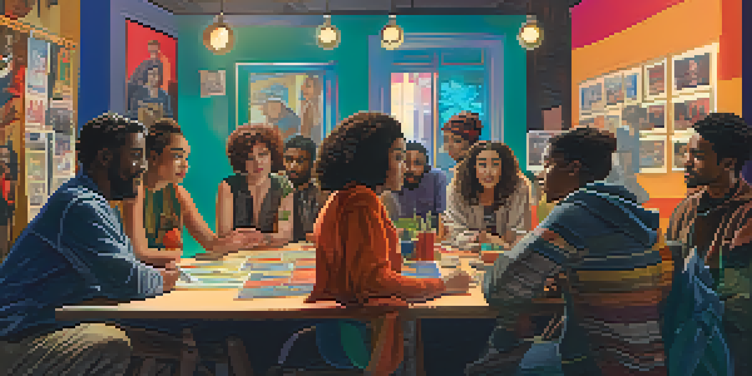 A diverse group of filmmakers collaborating on a project in a lively film set, with a female director and multicultural cast.