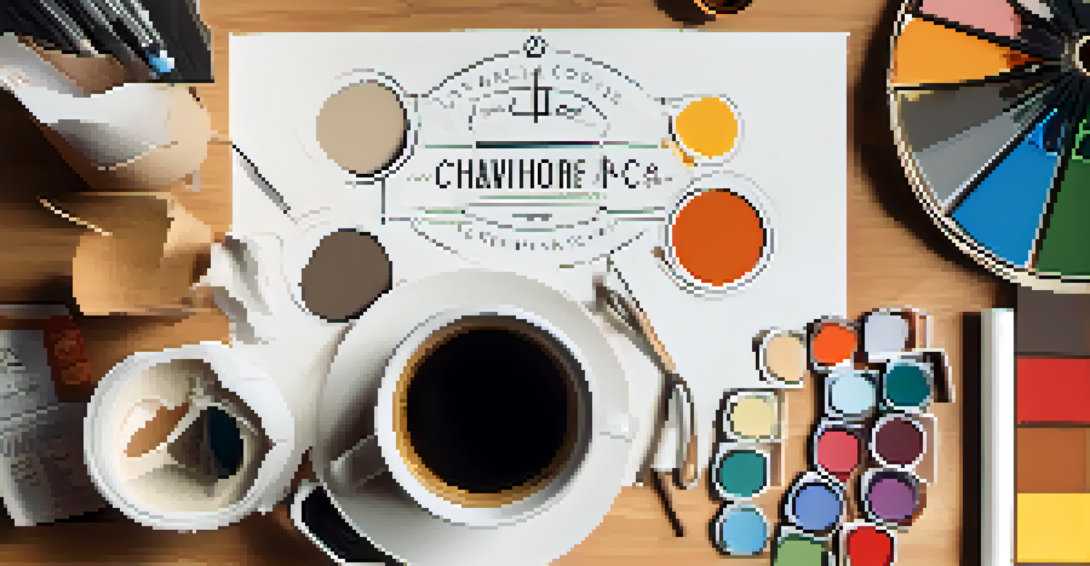 A flat lay of film branding materials including sketches, color swatches, and mockup posters on a wooden table.