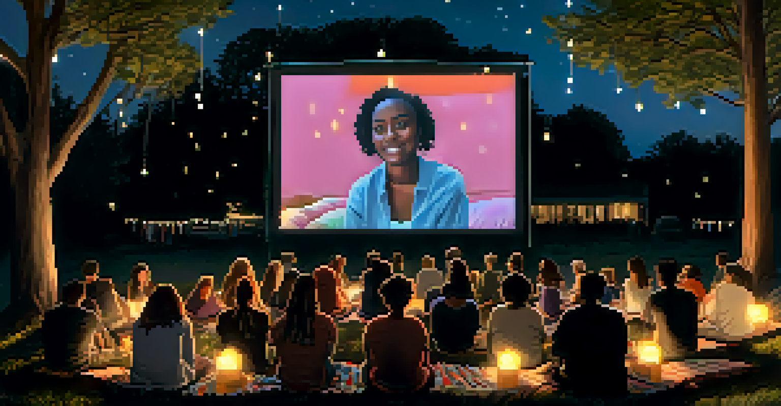 An outdoor film screening showing a documentary on social justice, with an engaged audience sitting on blankets under the stars.