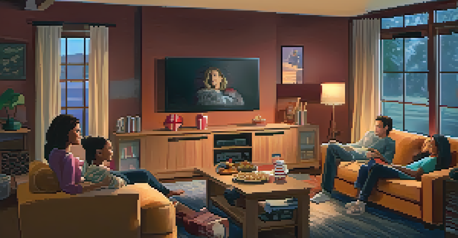 A family enjoying a movie night in a cozy living room, complete with popcorn and a large screen displaying a film.