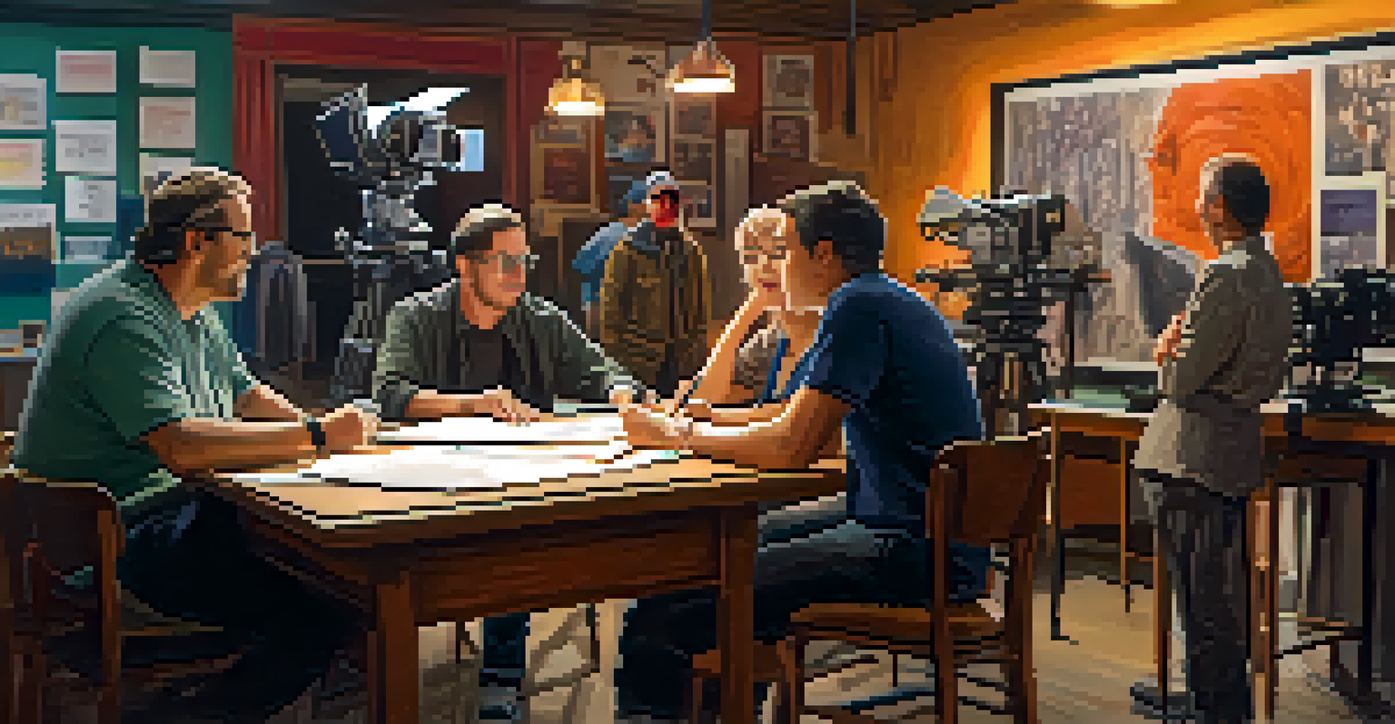 A film set with a screenwriter and director discussing a script, surrounded by crew members and equipment.