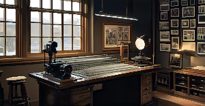 A vintage film editing room with spools of film and iconic photographs on the walls, illuminated by a warm glow.
