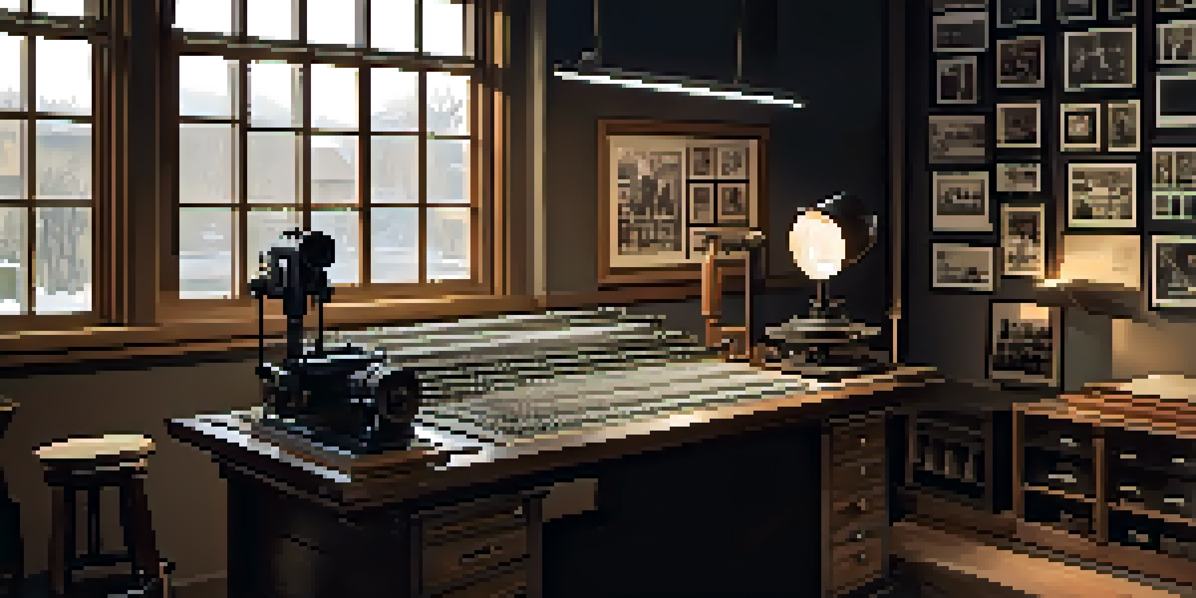A vintage film editing room with spools of film and iconic photographs on the walls, illuminated by a warm glow.