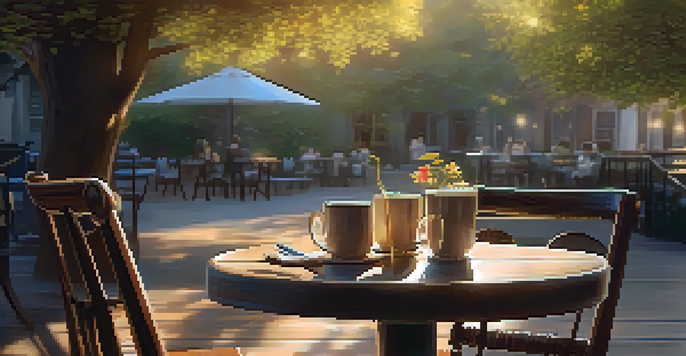 A charming outdoor café with a table set for two, surrounded by greenery and warm sunlight, evoking a sense of romance.