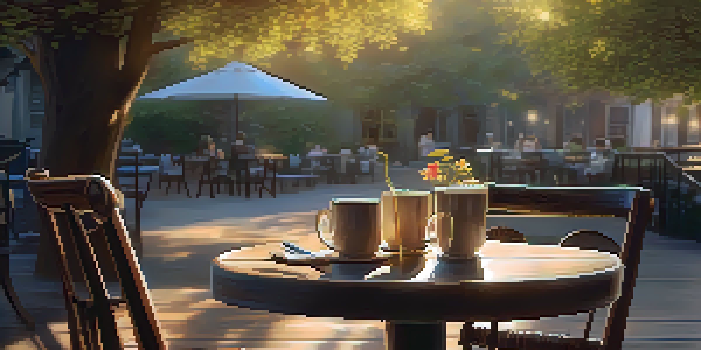 A charming outdoor café with a table set for two, surrounded by greenery and warm sunlight, evoking a sense of romance.