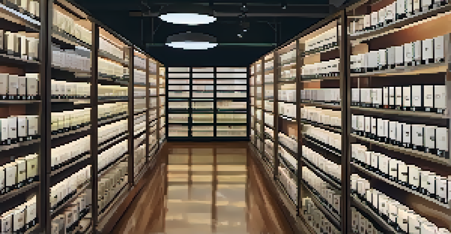 An inviting film archive room with shelves of film canisters and a display case featuring a classic film reel and projector.