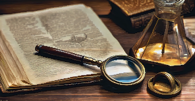 A vintage magnifying glass on an old detective's notebook with warm lighting and scattered photographs.