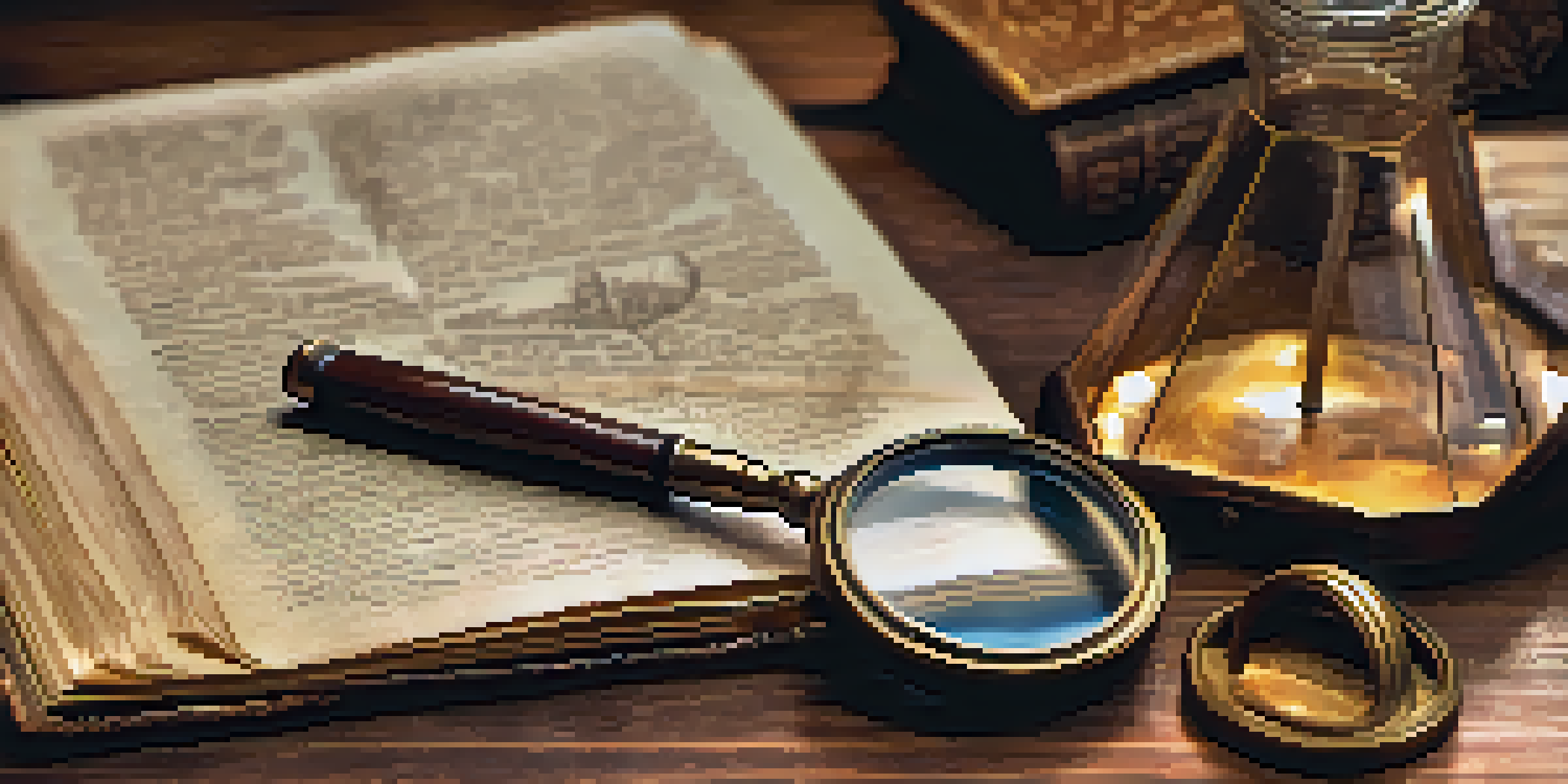 A vintage magnifying glass on an old detective's notebook with warm lighting and scattered photographs.