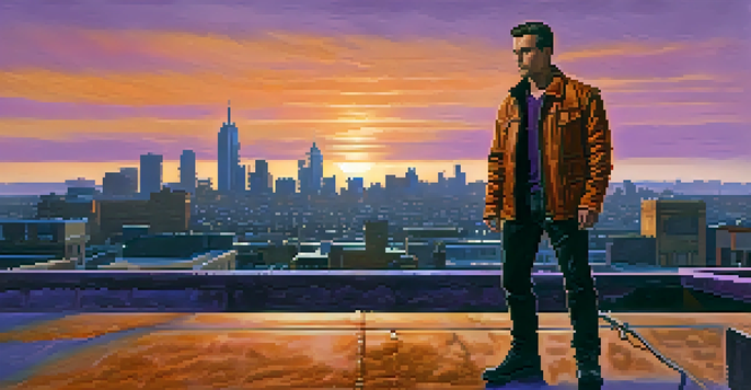 A modern antihero with a rugged leather jacket stands on a rooftop at sunset, looking over a city skyline.