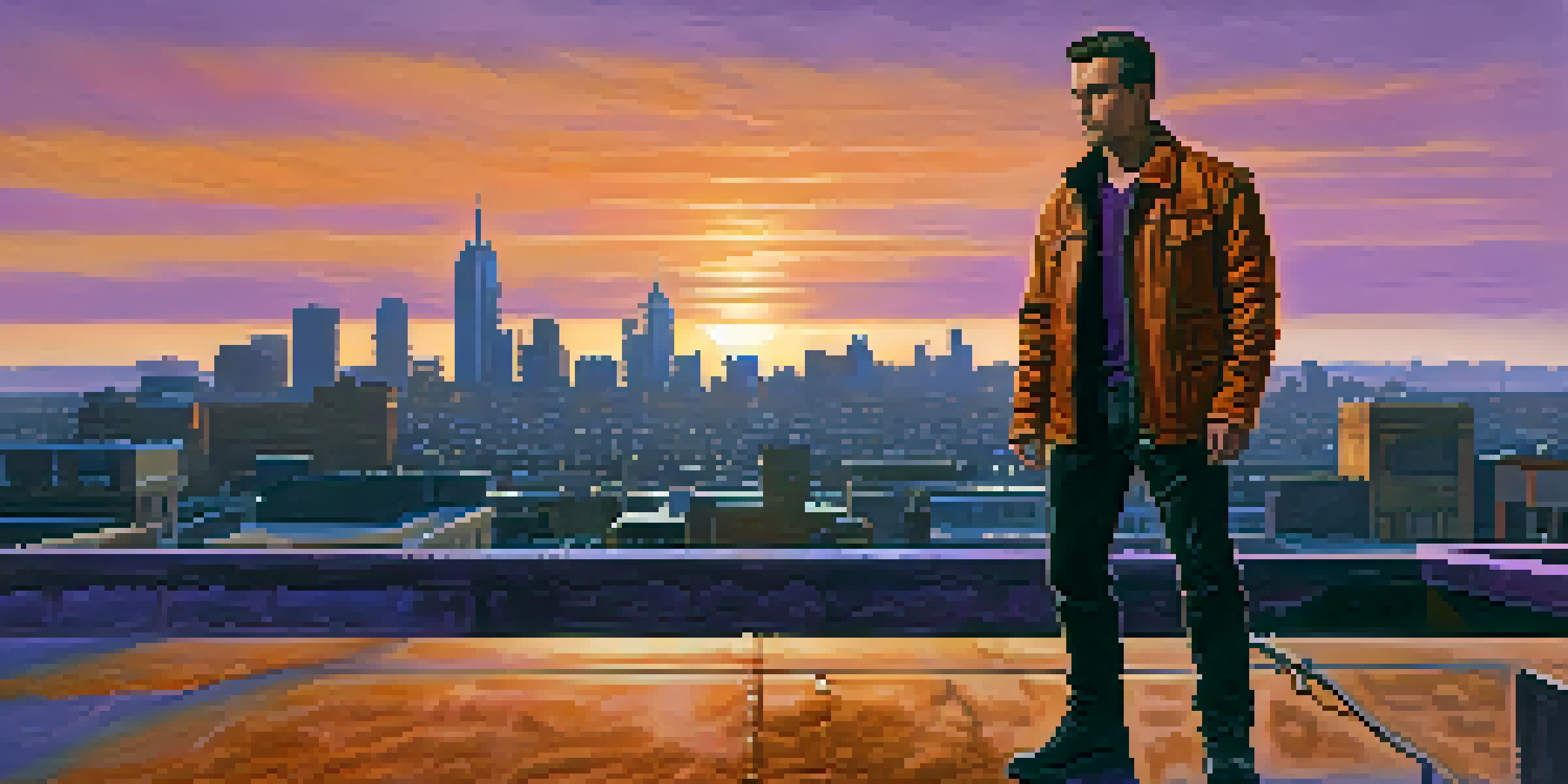 A modern antihero with a rugged leather jacket stands on a rooftop at sunset, looking over a city skyline.