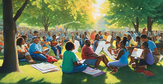 A diverse group of people in a park discussing health awareness, surrounded by colorful banners and pamphlets, with sunlight filtering through trees.