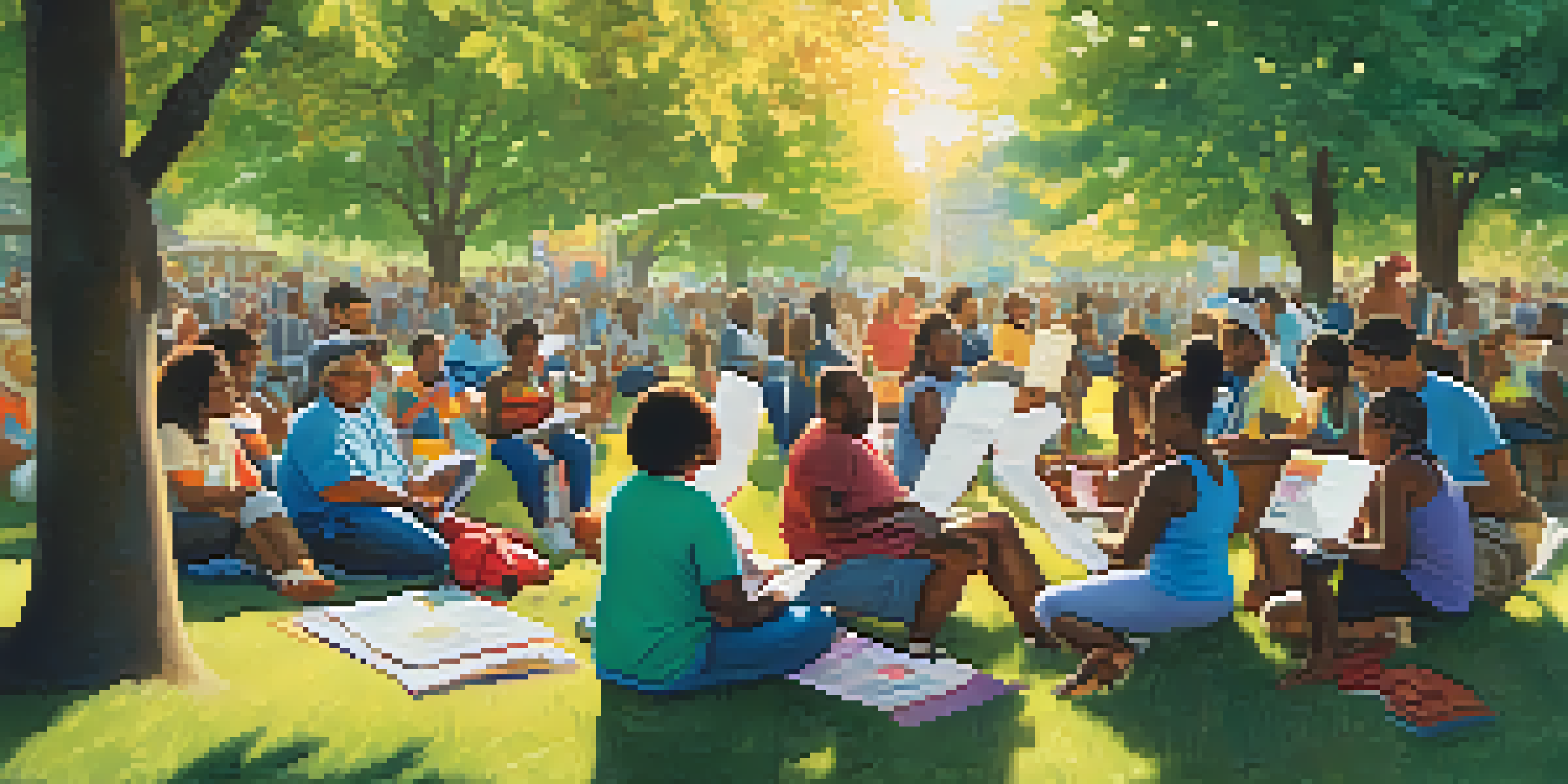 A diverse group of people in a park discussing health awareness, surrounded by colorful banners and pamphlets, with sunlight filtering through trees.
