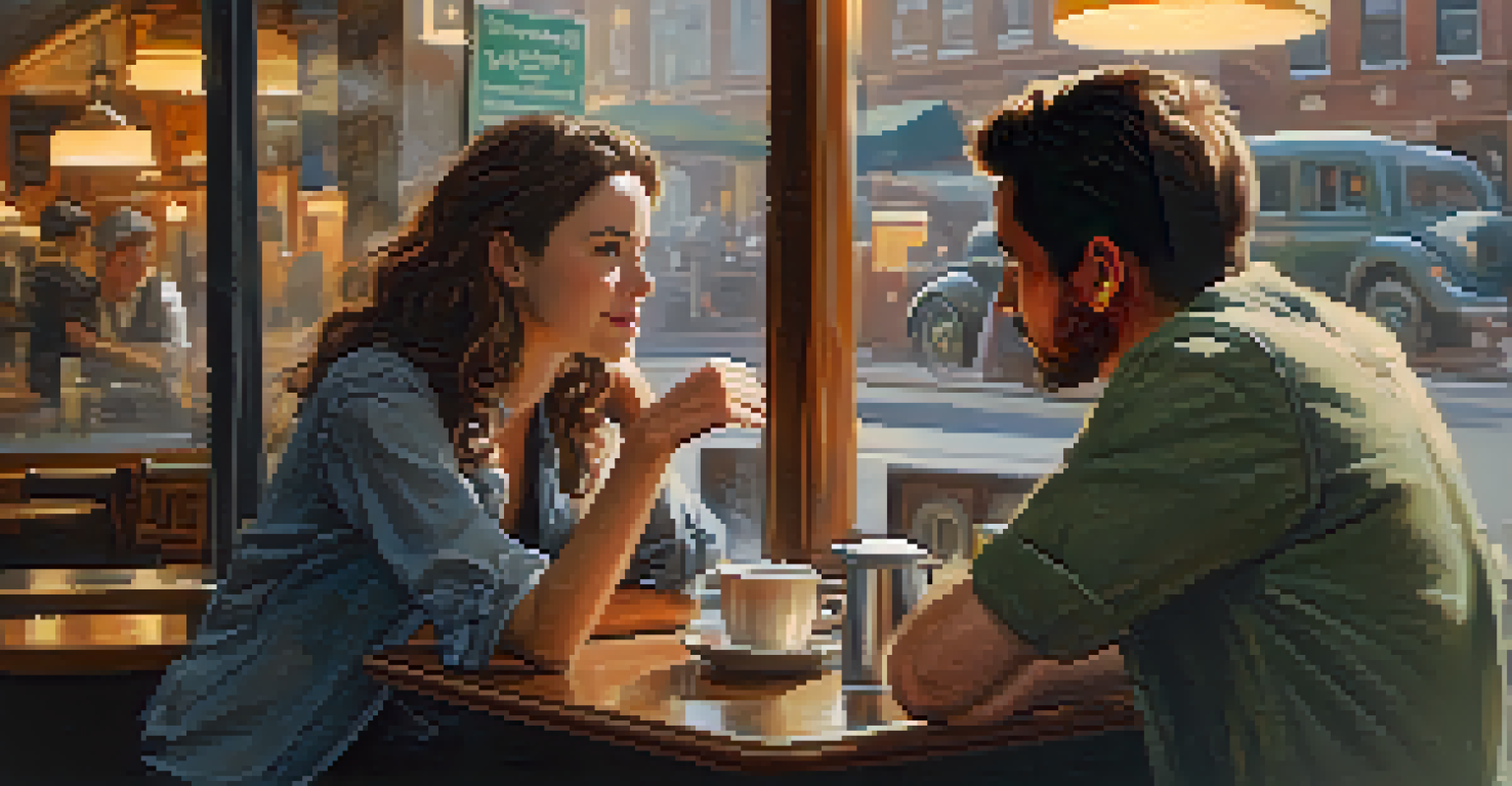 An over-the-shoulder view of two characters having a serious conversation in a coffee shop, with soft focus on their expressions and warm lighting.