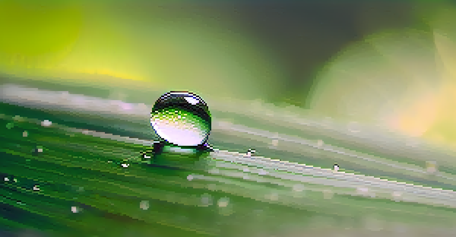 A close-up view of a dewdrop on a green leaf, highlighting its details and the surrounding soft light.