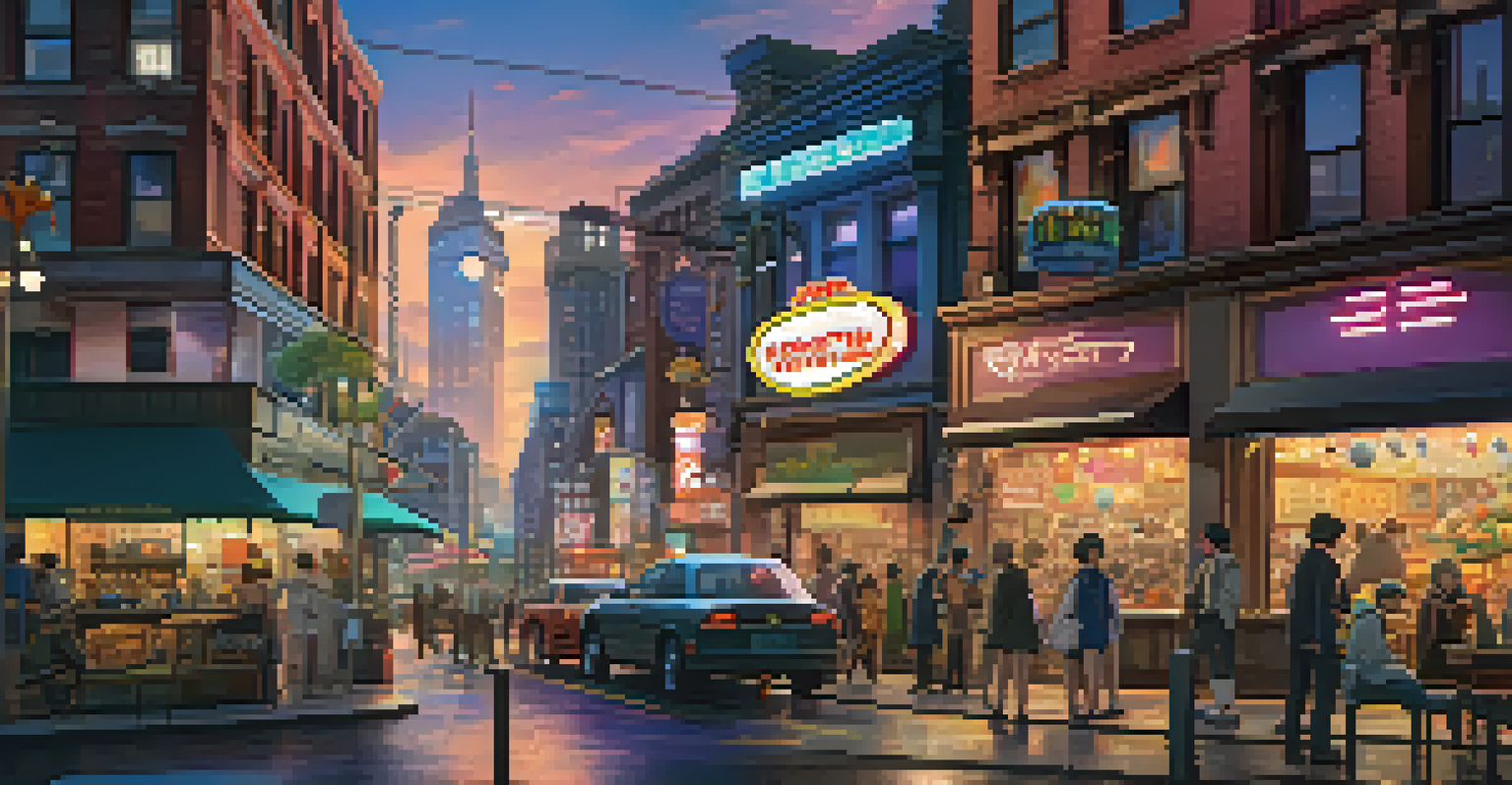 A lively city street with Pokémon characters and humans interacting, illuminated by neon signs and colorful buildings.
