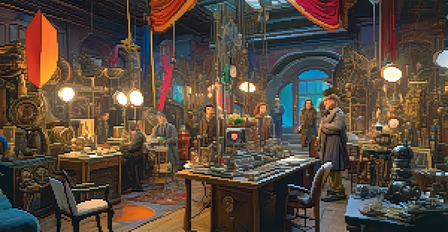 Film set with prop designers collaborating, surrounded by various props like a sword and furniture, under bright studio lights.