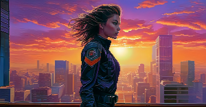 A female action hero in a tactical outfit stands on a rooftop at sunset, gazing over a vibrant cityscape.
