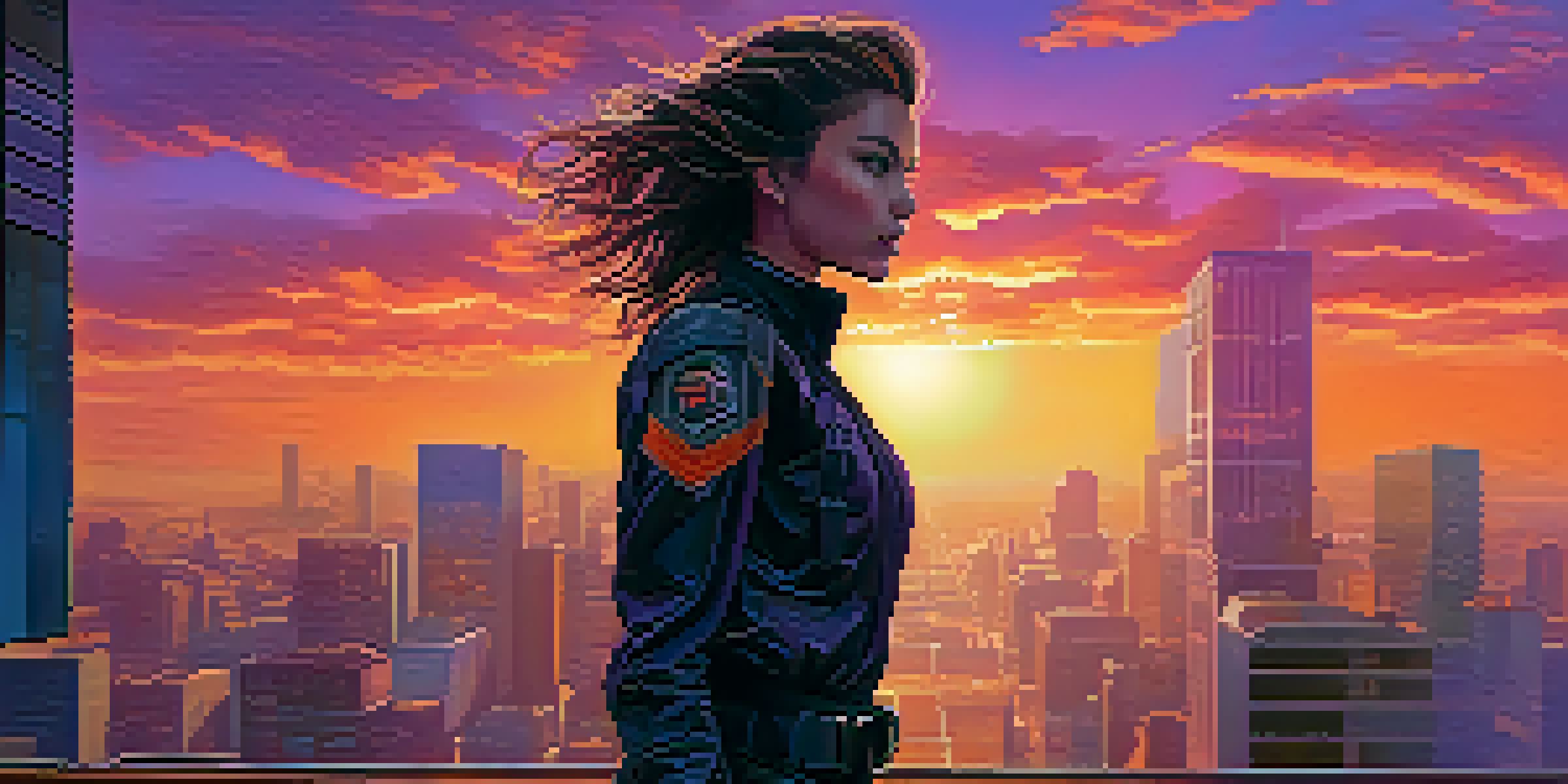 A female action hero in a tactical outfit stands on a rooftop at sunset, gazing over a vibrant cityscape.