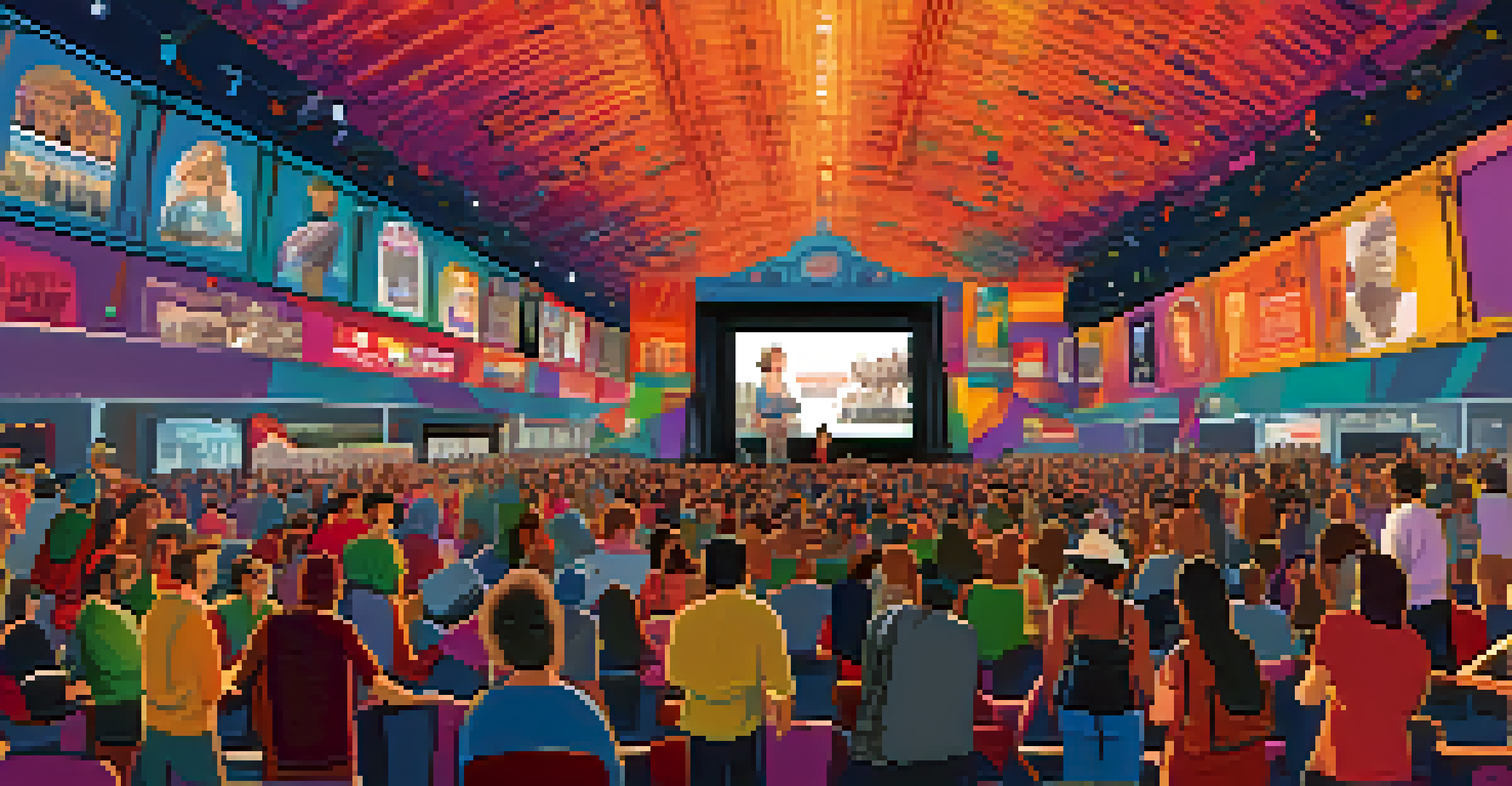 Independent filmmakers at a vibrant film festival, showcasing their work and engaging with attendees.