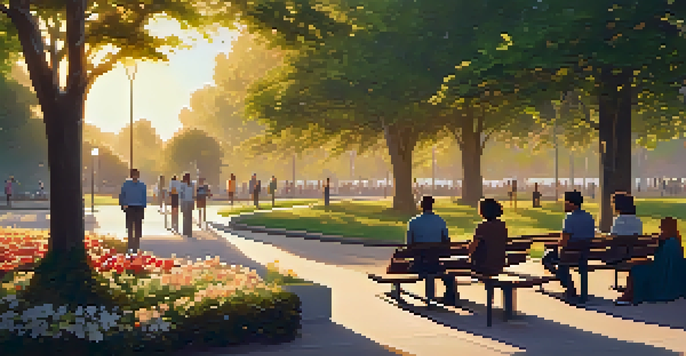 A peaceful park with people of various ethnicities sitting and talking on benches during sunset.
