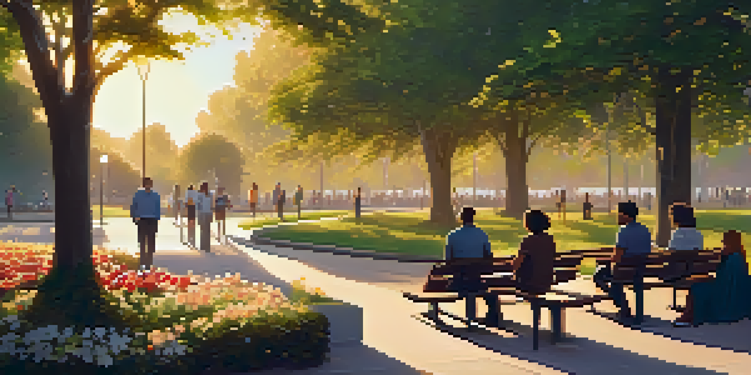 A peaceful park with people of various ethnicities sitting and talking on benches during sunset.