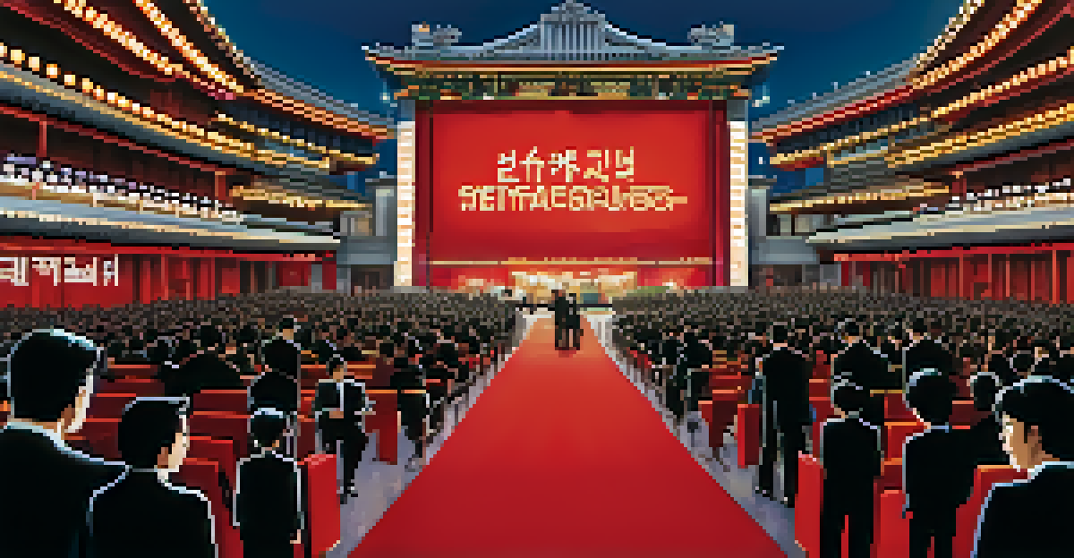 An elegant South Korean film festival scene with a red carpet, film posters, and guests in formal attire under bright spotlights.