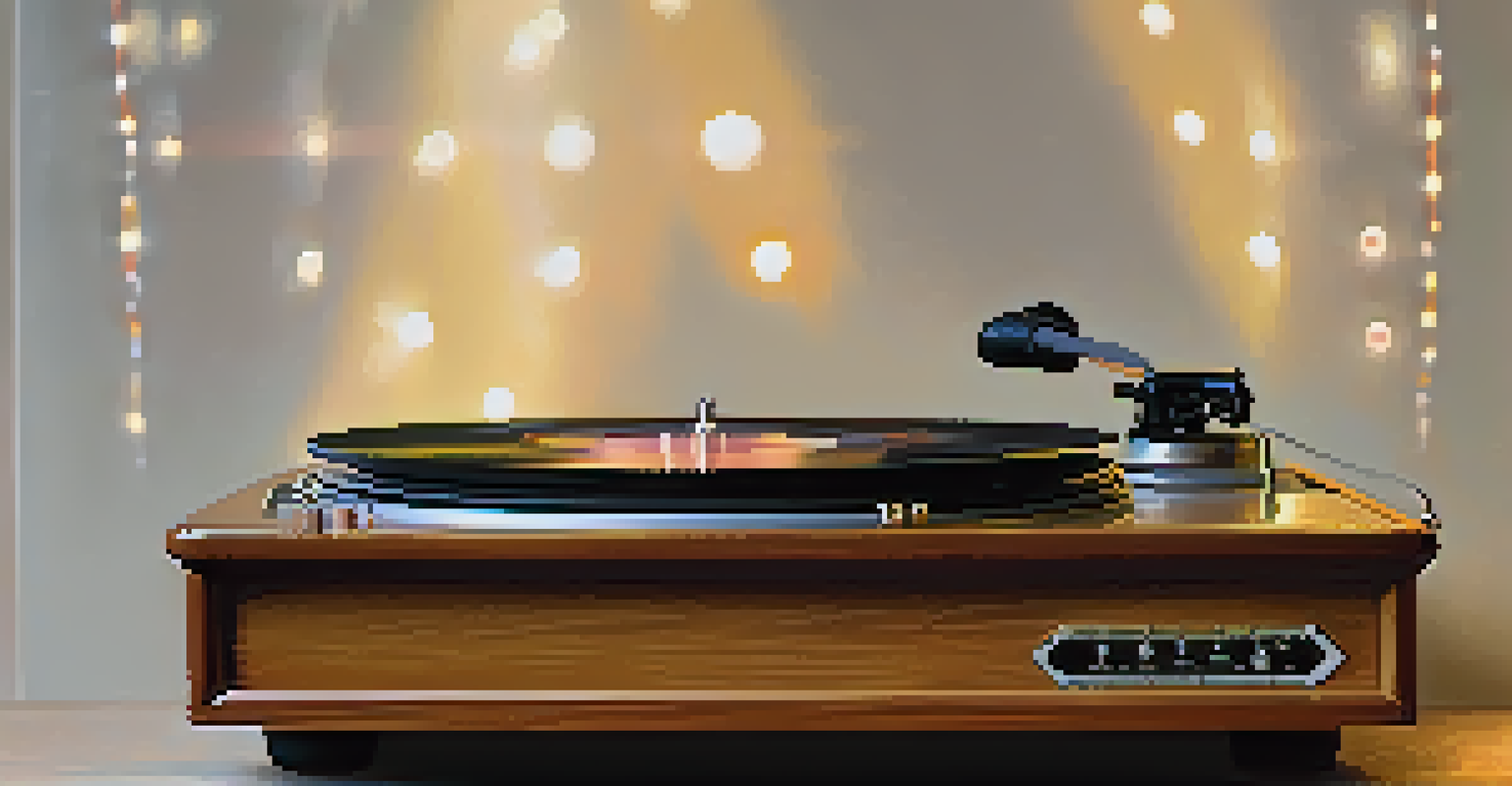 A close-up of a vintage record player with a spinning vinyl and the album cover of a musician's biopic in the background, illuminated by soft, warm lighting.