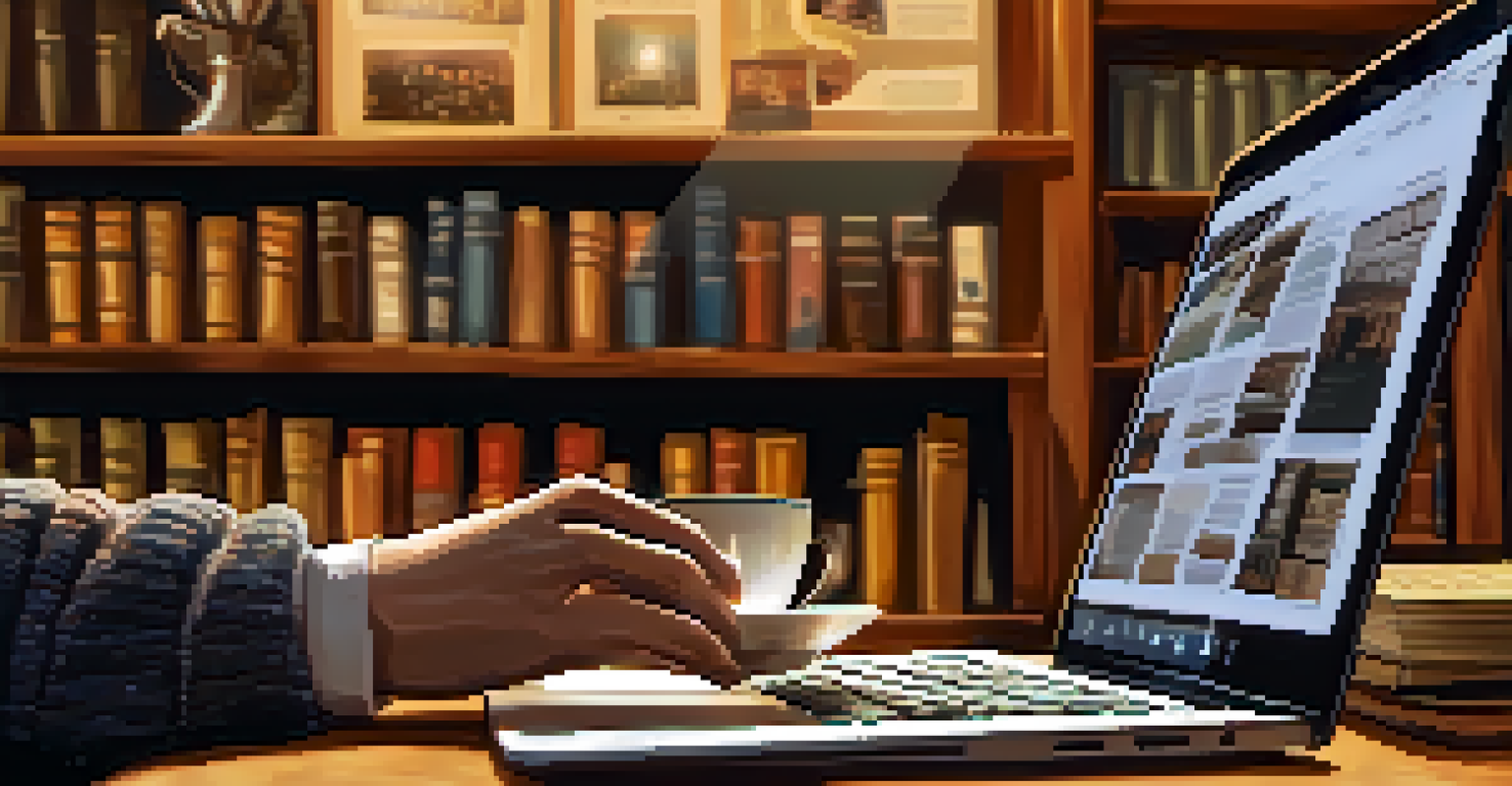 Close-up of a film critic typing a review in a cozy café, with a steaming cup of coffee next to the laptop.