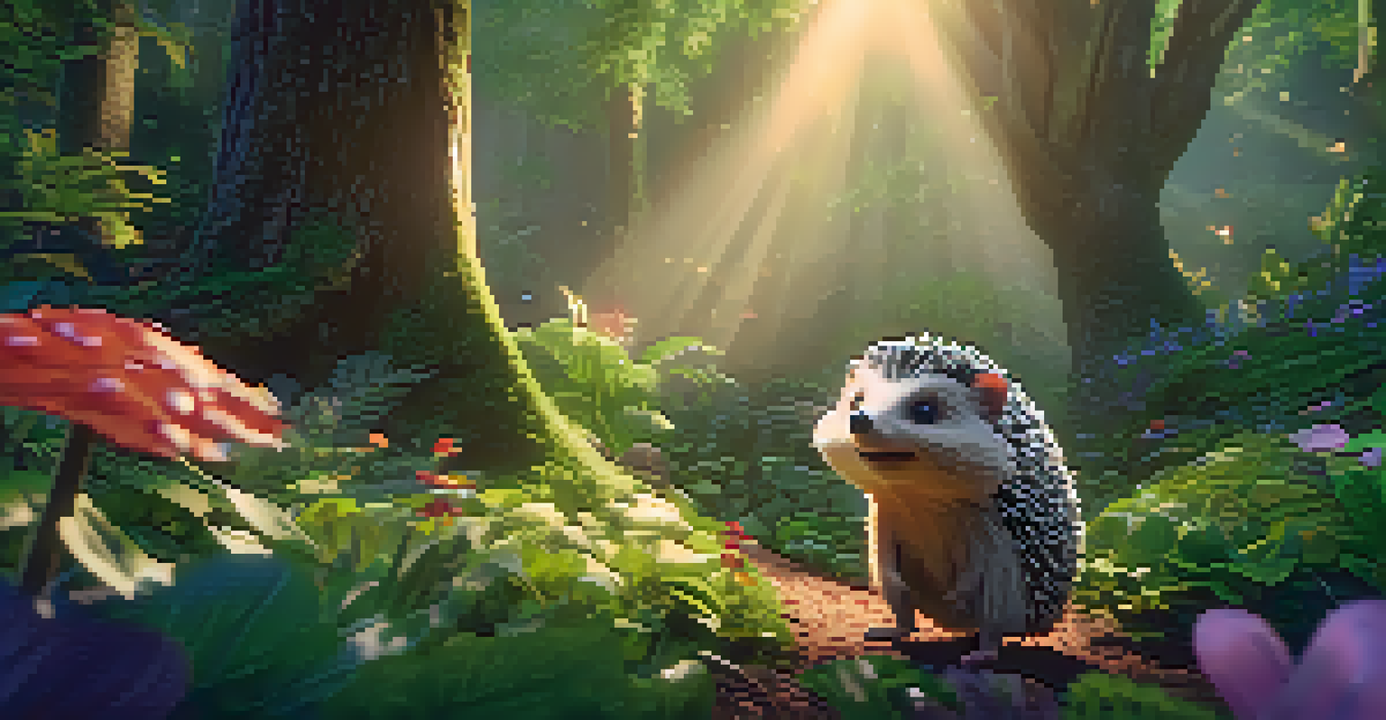 An animated hedgehog in a vibrant forest, with viewers interacting and experiencing the story.