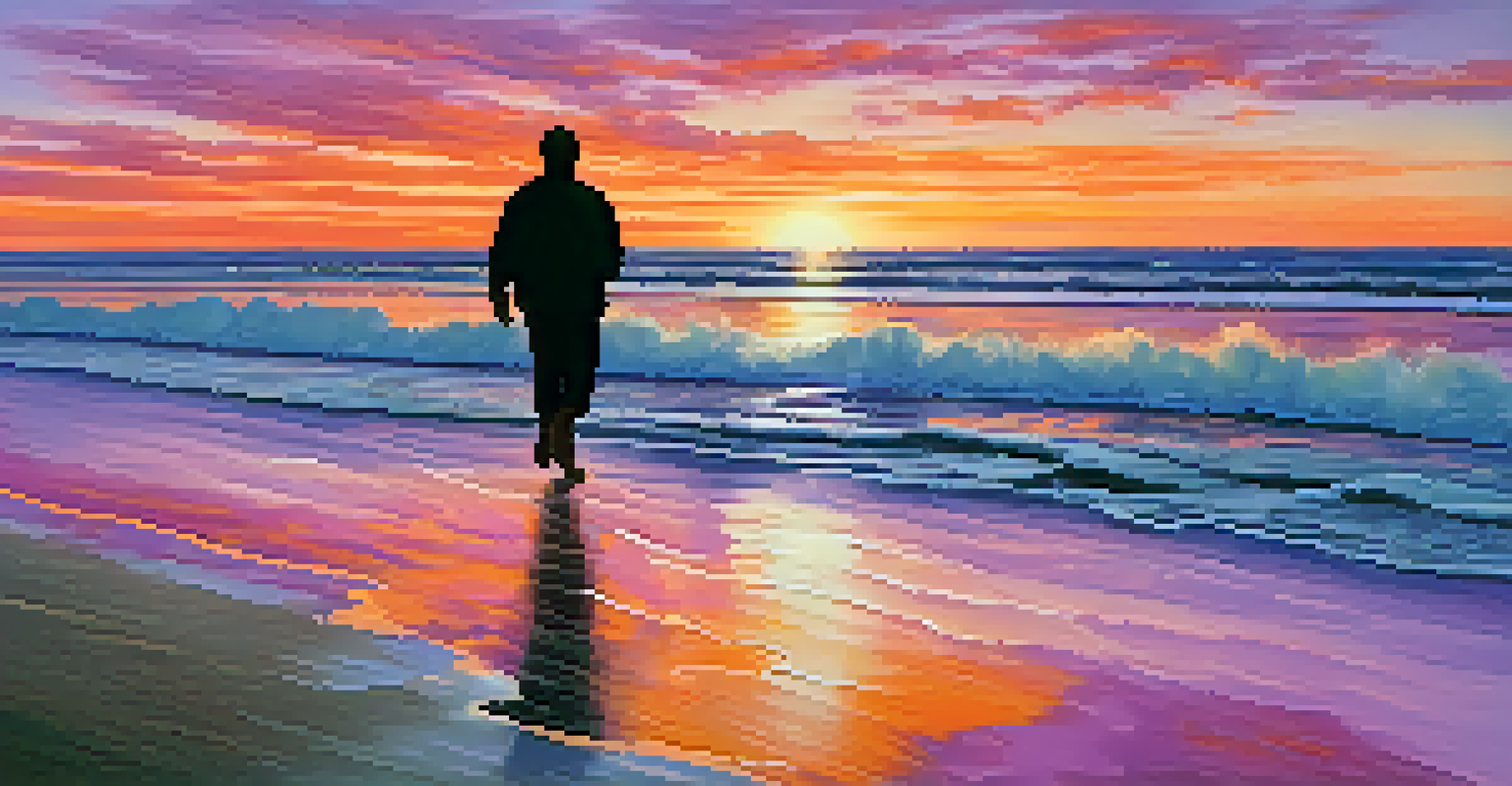 A silhouette of a person walking along a beach at sunset, with colorful skies and gentle ocean waves.