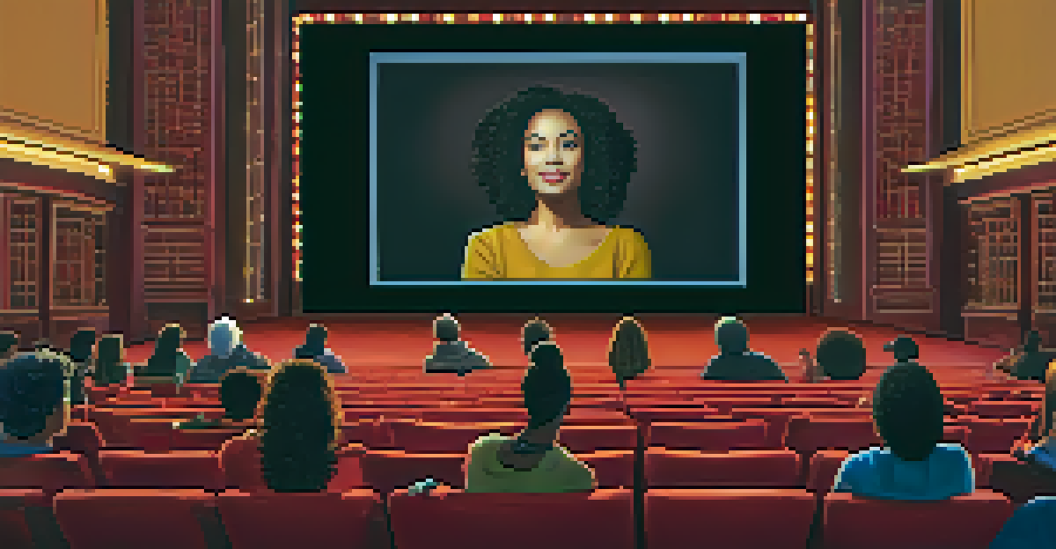 A diverse audience in a cinema, captivated by a film featuring a strong female lead, illuminated by the screen's glow.