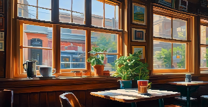 A warm and inviting coffee shop scene with a cup of coffee, an open book, and a small plant on a wooden table, illuminated by soft light from a window.