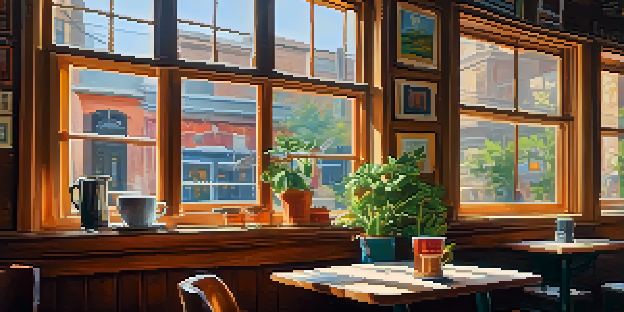 A warm and inviting coffee shop scene with a cup of coffee, an open book, and a small plant on a wooden table, illuminated by soft light from a window.