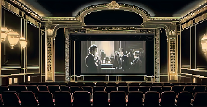 A vintage cinema interior with ornate decorations and plush velvet seats, featuring a black and white silent film on the screen.