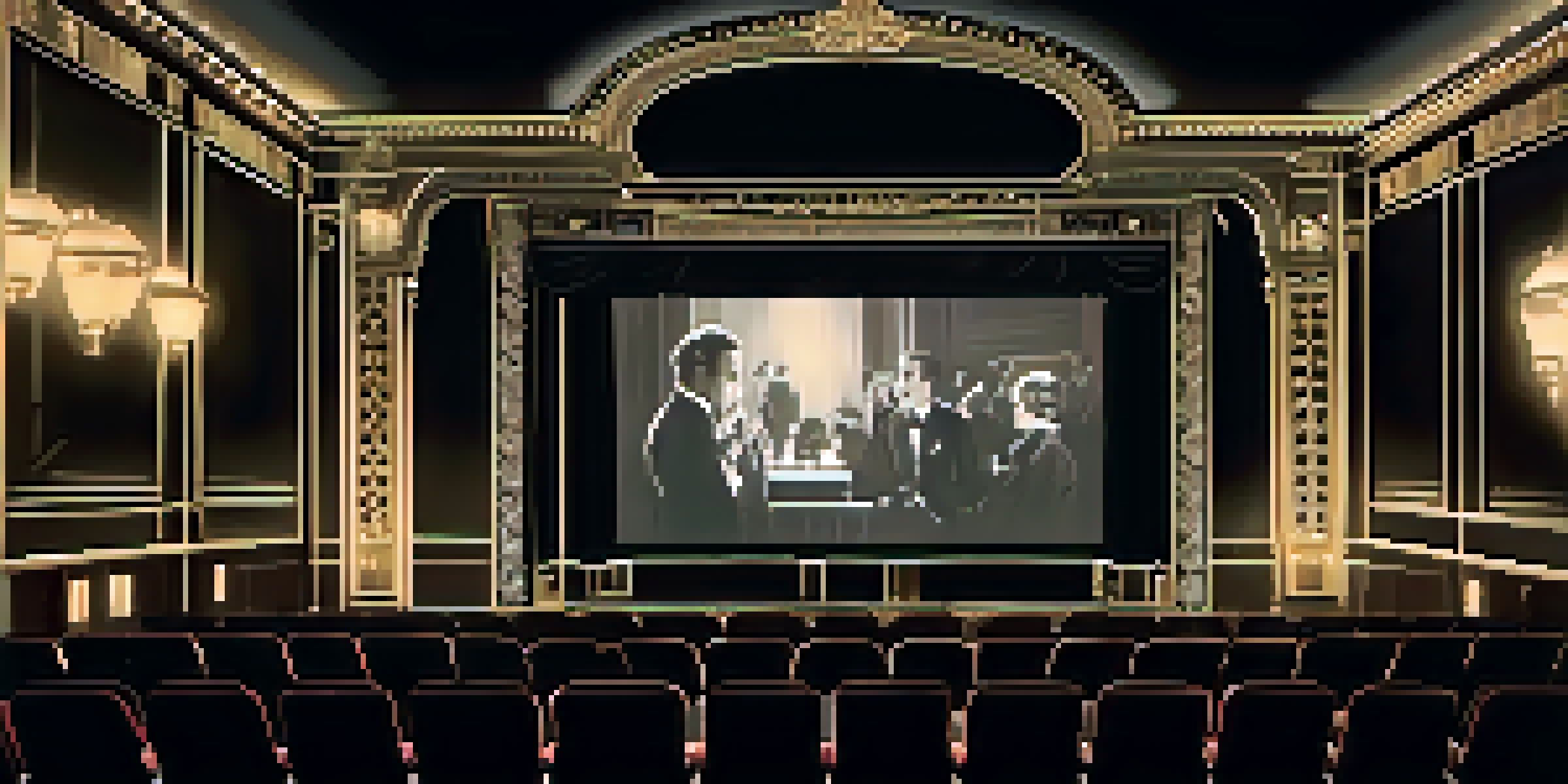 A vintage cinema interior with ornate decorations and plush velvet seats, featuring a black and white silent film on the screen.