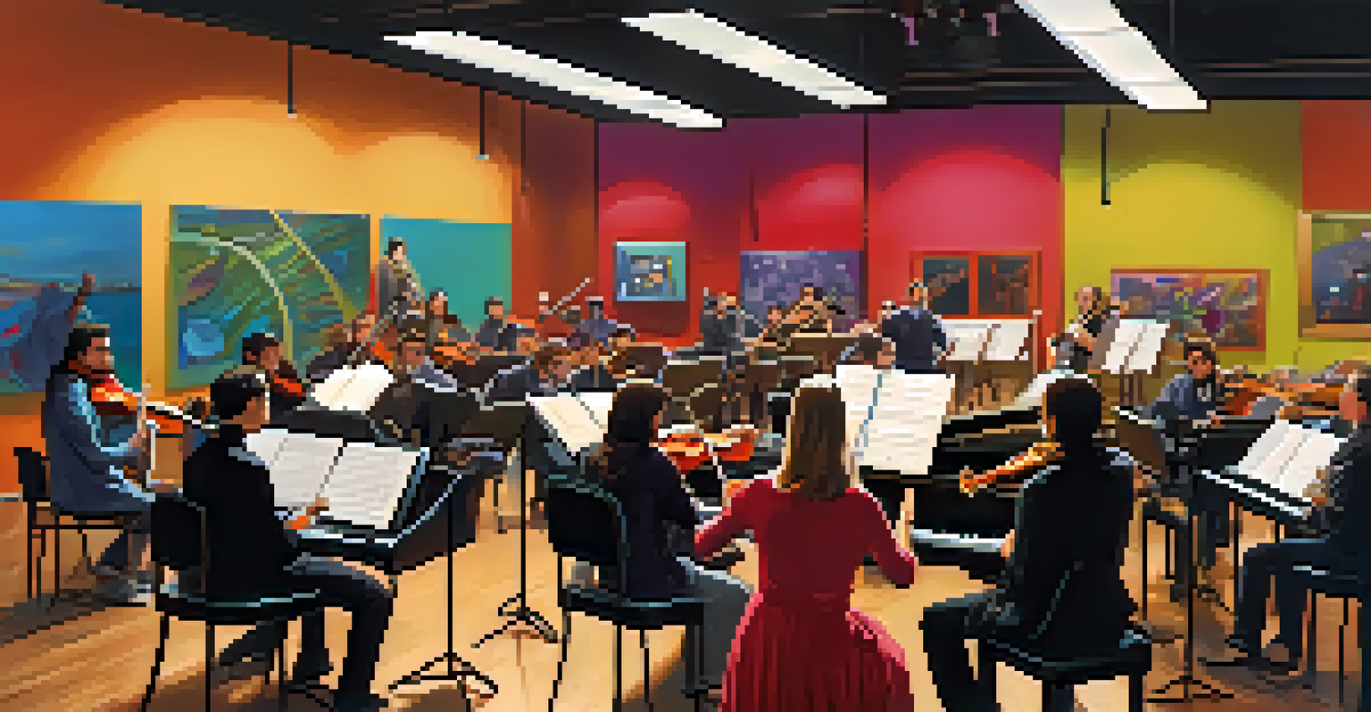 A film composer conducting an orchestra in a colorful recording studio filled with musicians.