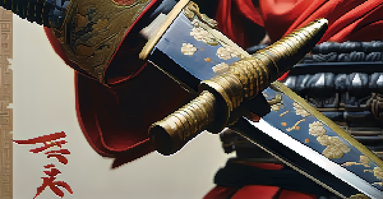 A close-up of a samurai's hand gripping a katana, showcasing the intricate details of the sword and armor.
