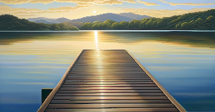 A tranquil lake surrounded by green mountains at sunset, with a wooden dock extending into the water.
