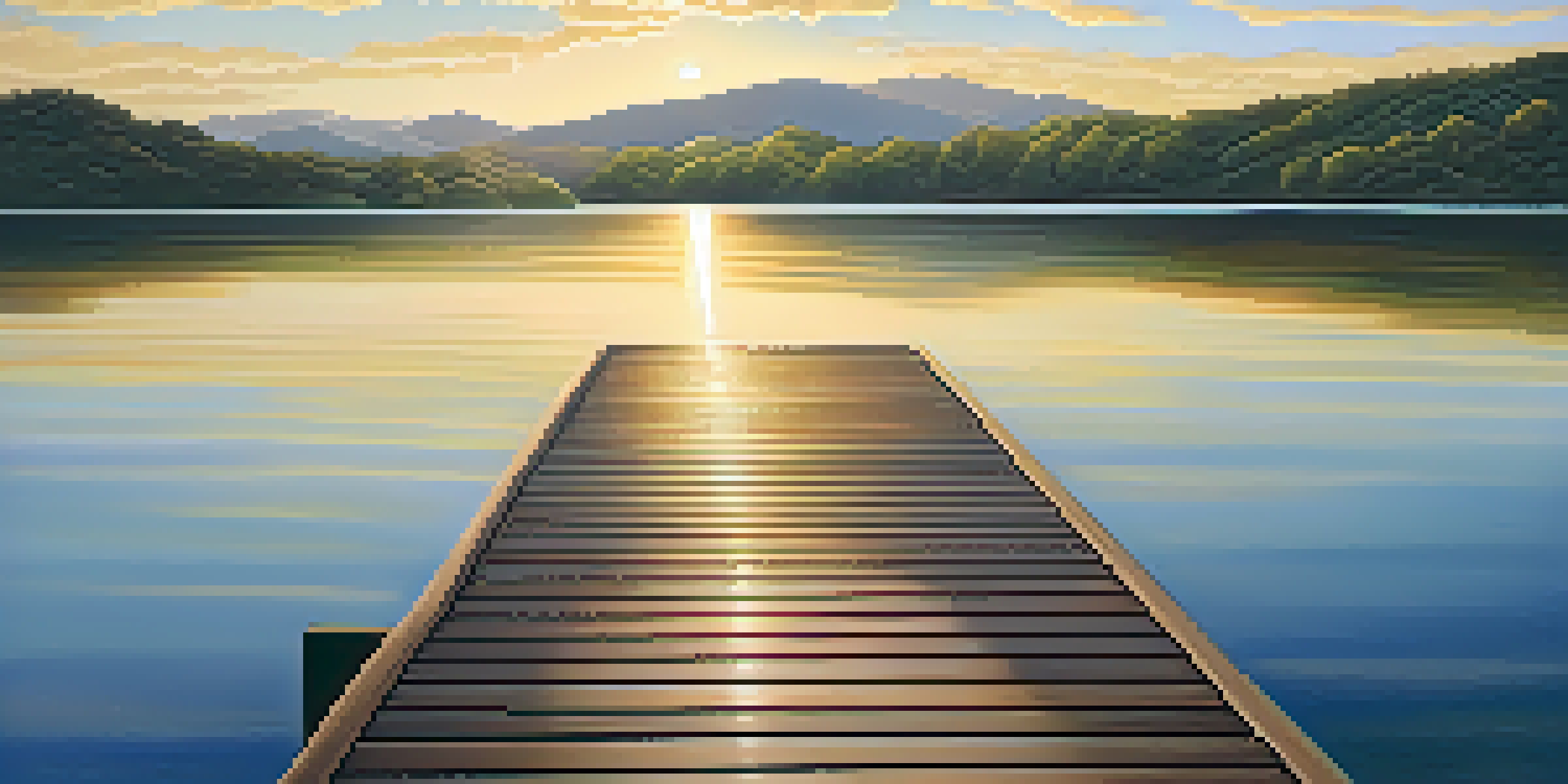 A tranquil lake surrounded by green mountains at sunset, with a wooden dock extending into the water.