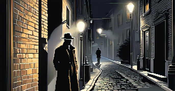 A hard-boiled detective in a fedora standing in a dimly lit alley, surrounded by shadows and smoke.