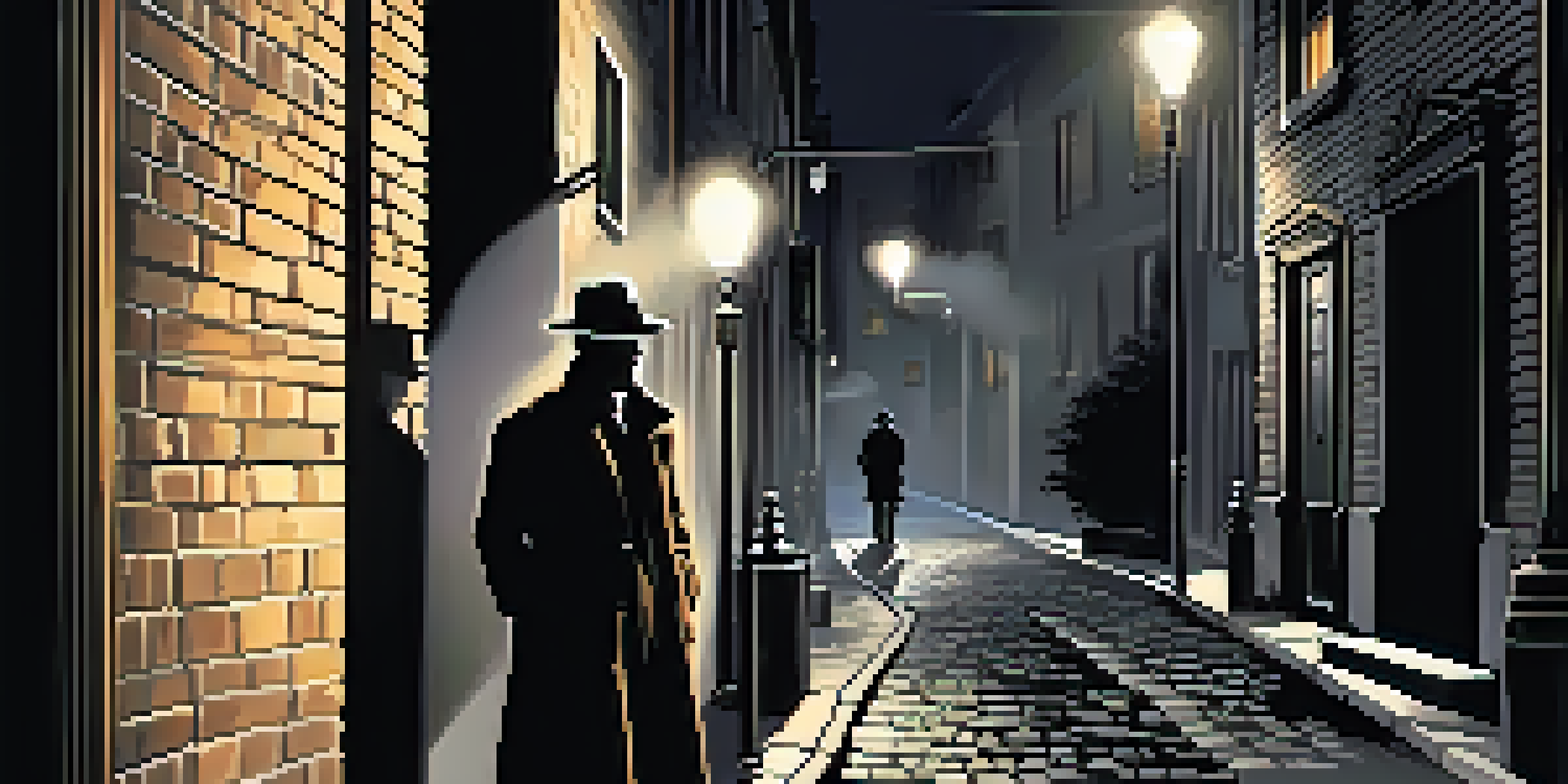 A hard-boiled detective in a fedora standing in a dimly lit alley, surrounded by shadows and smoke.