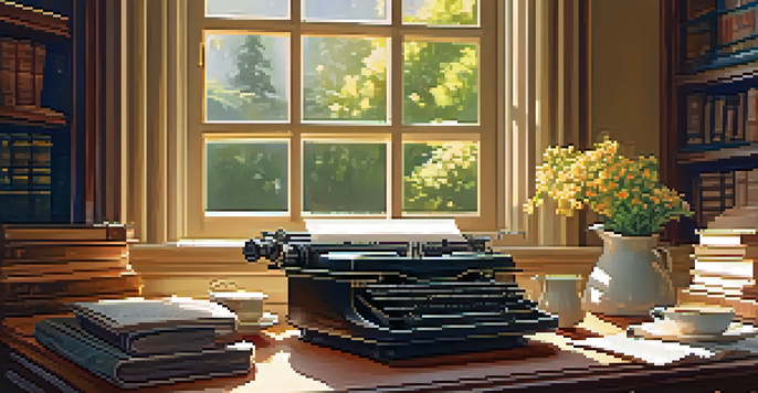 A sunlit writing desk featuring a vintage typewriter, surrounded by books and a coffee cup, with a garden visible through the window.