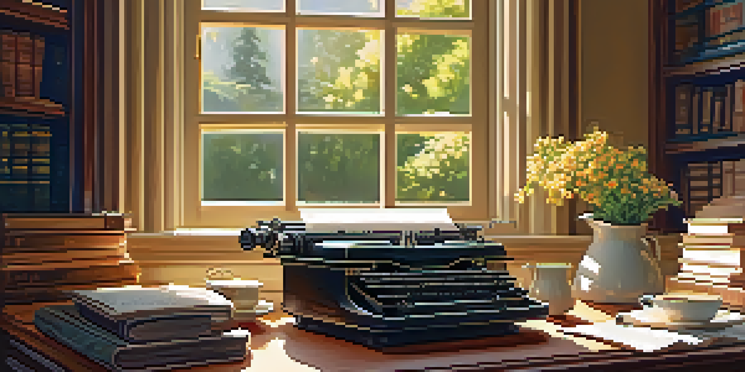 A sunlit writing desk featuring a vintage typewriter, surrounded by books and a coffee cup, with a garden visible through the window.