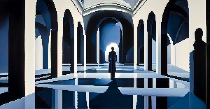 A surreal film set with distorted buildings and a shadowy figure in a deep blue and white color scheme.