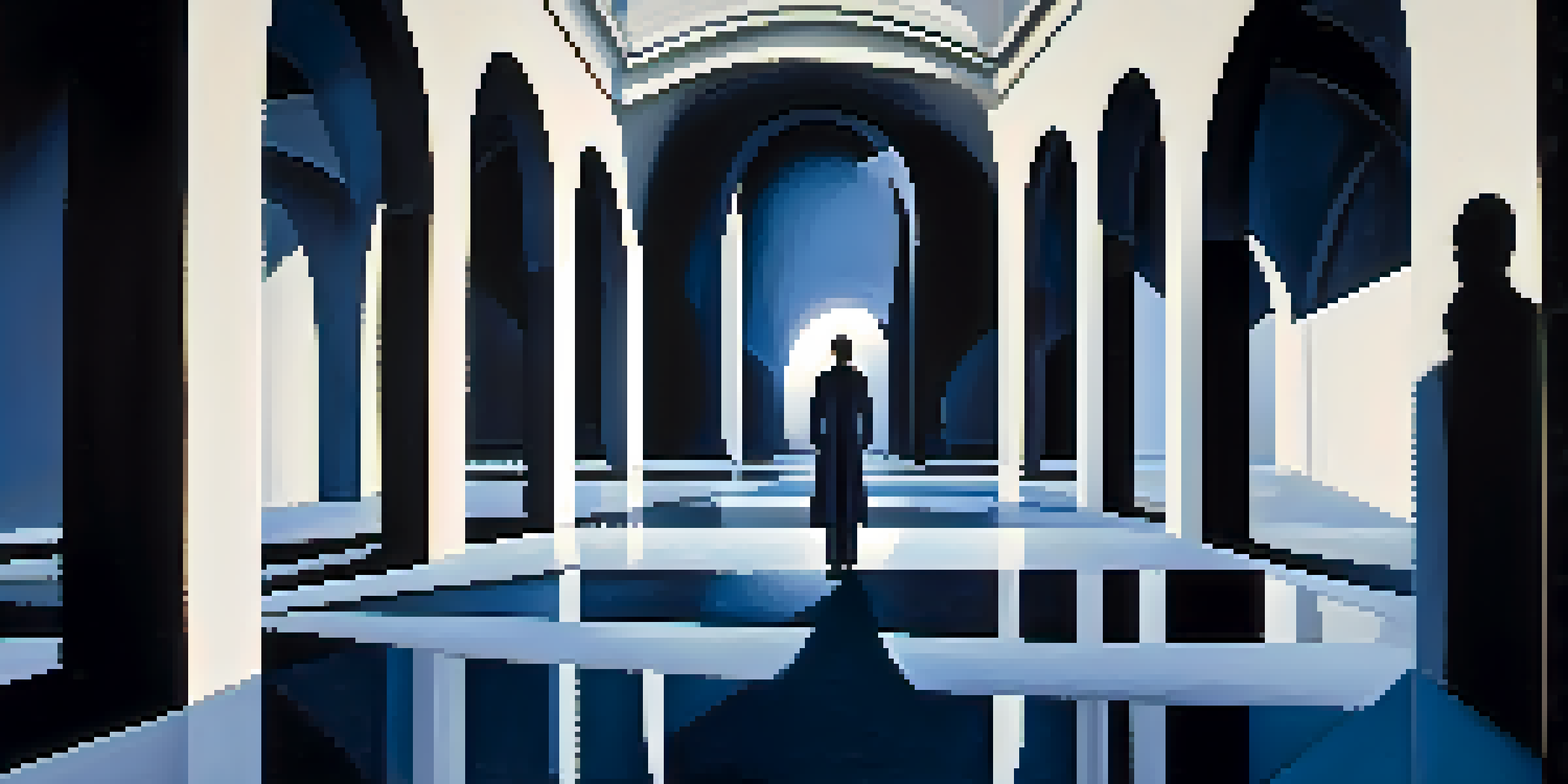 A surreal film set with distorted buildings and a shadowy figure in a deep blue and white color scheme.