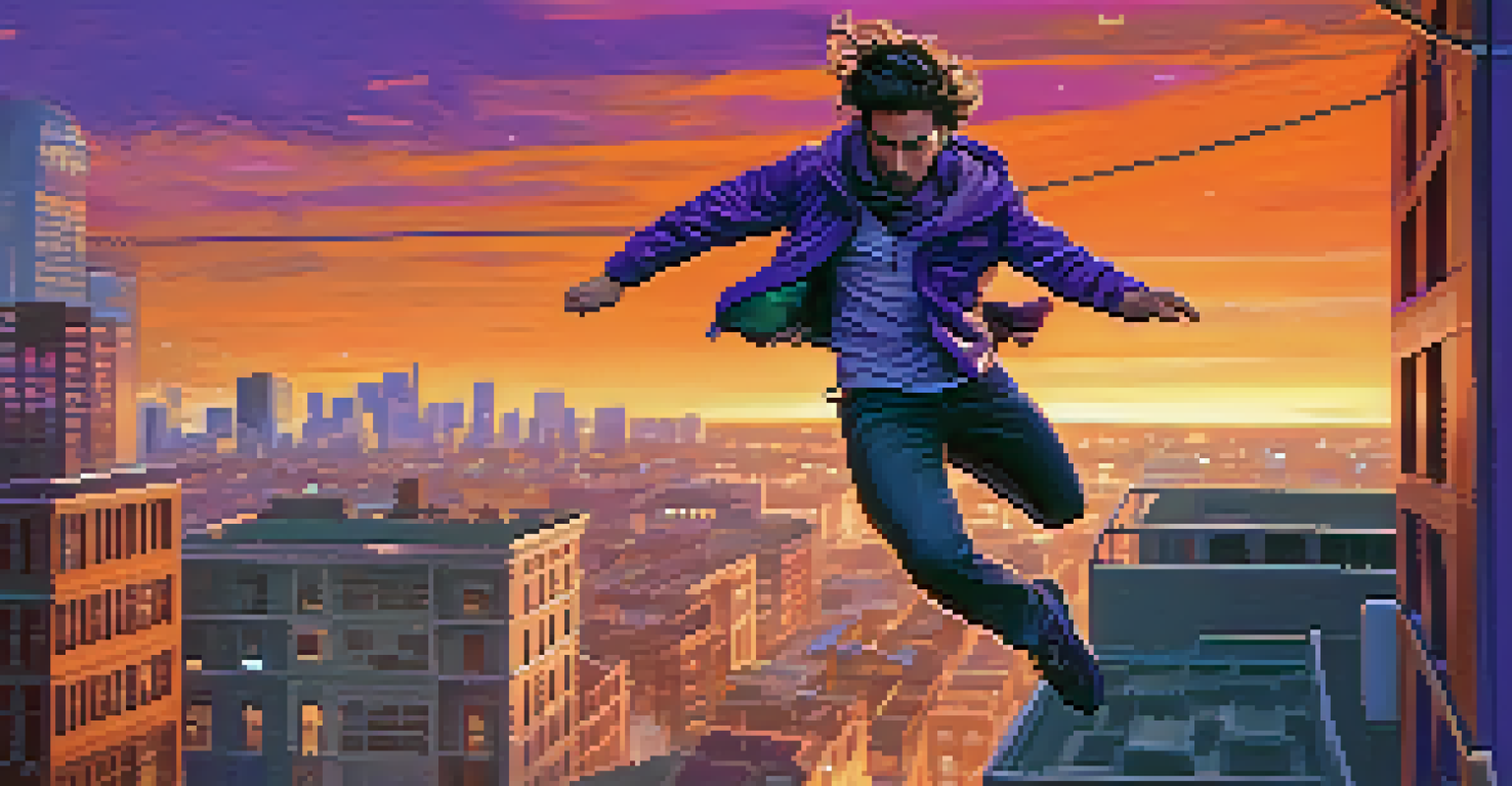 An antihero leaps over a rooftop at sunset, with a vibrant orange and purple sky, wearing a tattered jacket and a confident expression.