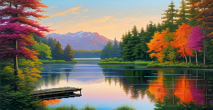 A tranquil lake at sunset with vibrant colors reflecting on the water, surrounded by lush trees and a wooden dock.