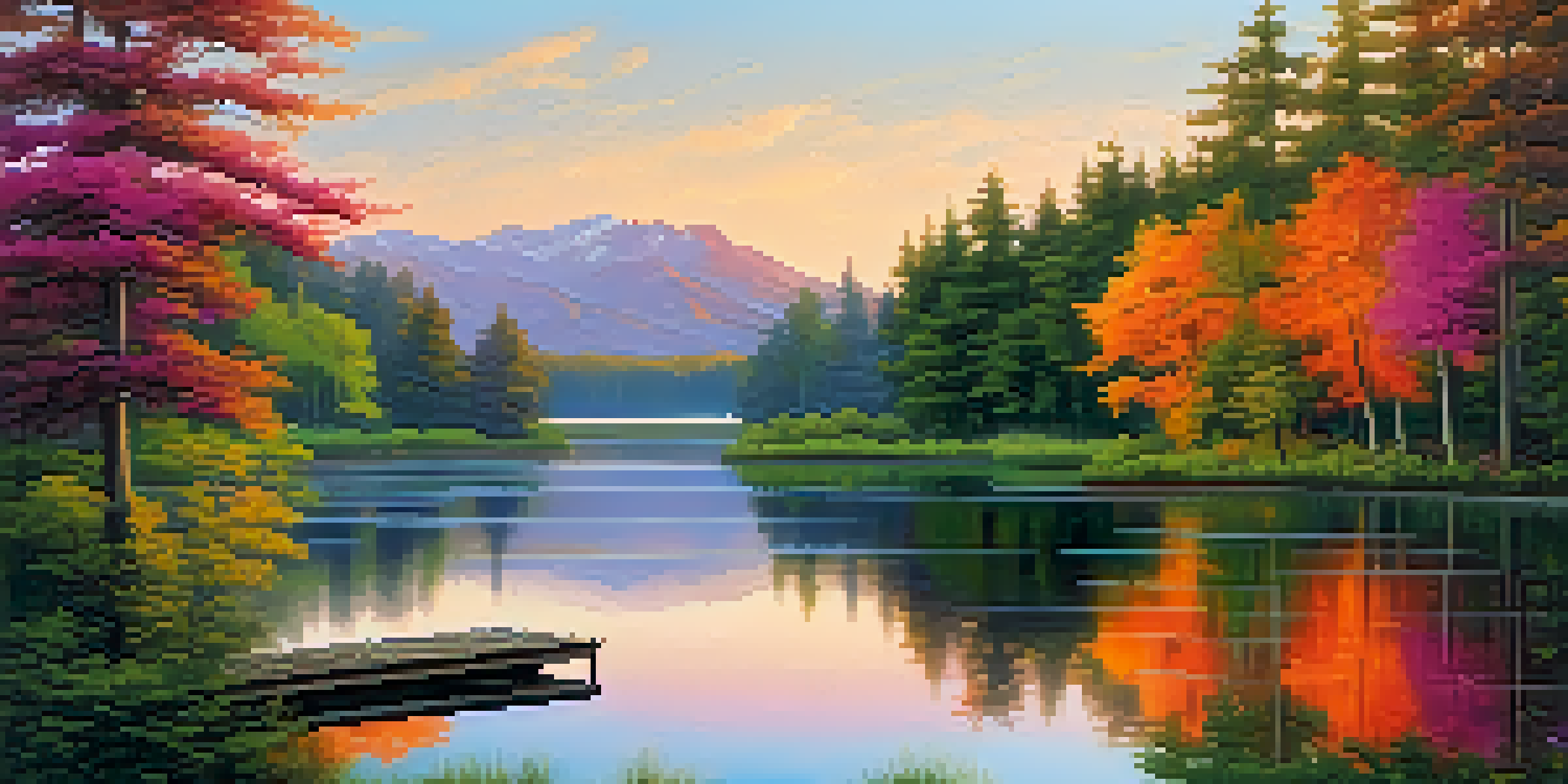 A tranquil lake at sunset with vibrant colors reflecting on the water, surrounded by lush trees and a wooden dock.