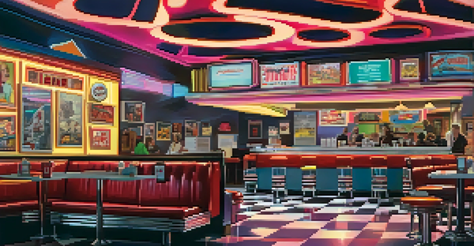 A retro diner filled with quirky characters, colorful posters, and neon lights creating a warm atmosphere.