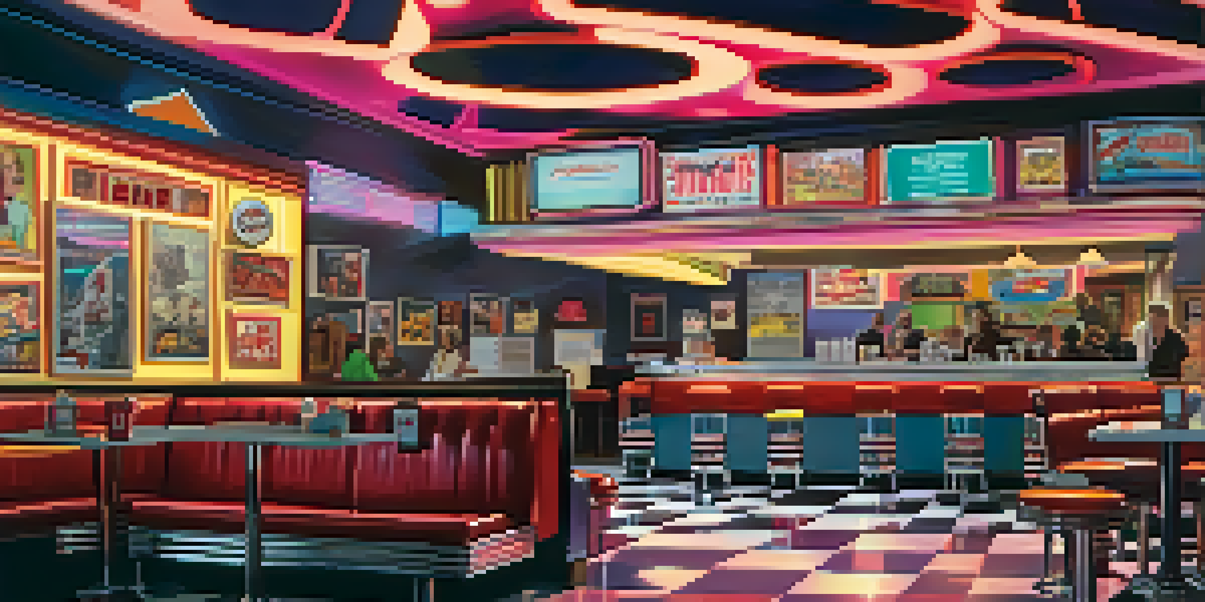 A retro diner filled with quirky characters, colorful posters, and neon lights creating a warm atmosphere.